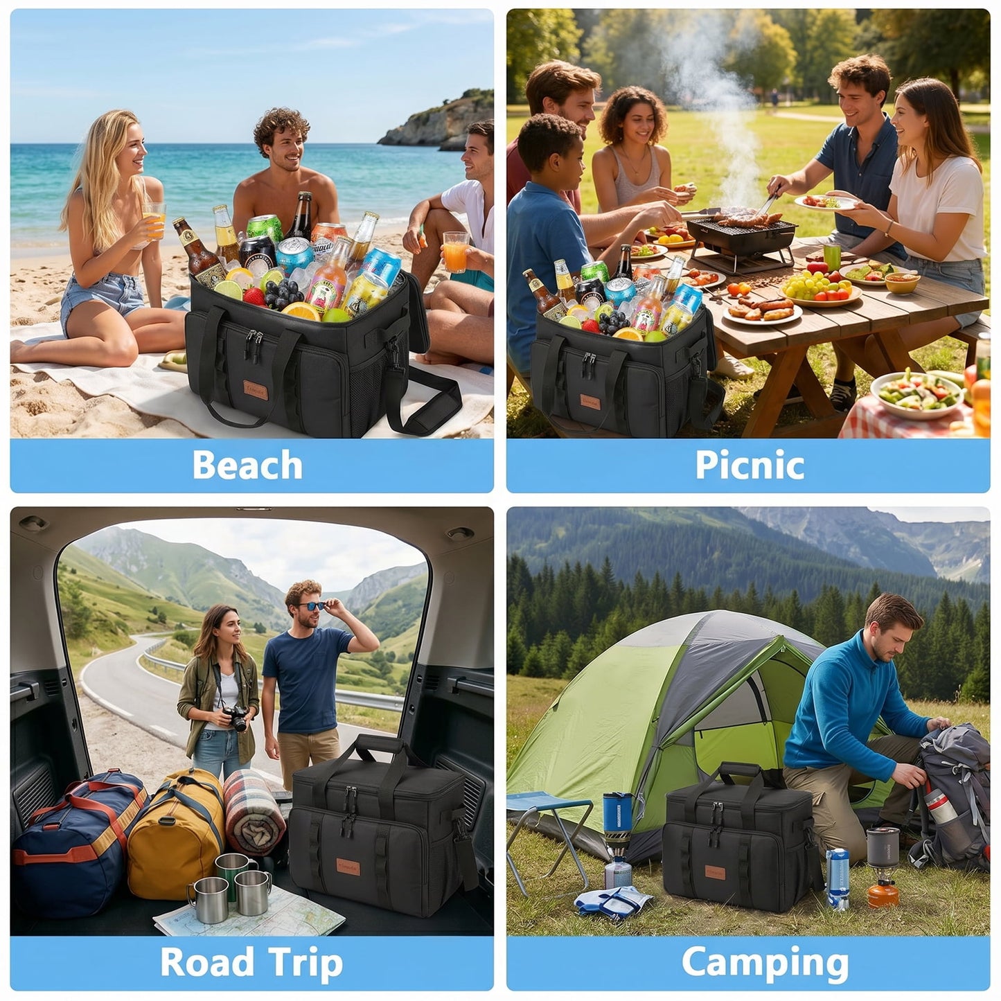 Merryhome 60 Can Collapsible Soft Sided Cooler Bag, Leakproof Insulated Portable Cooler for Beach, Camping, Travel, Picnic and Grocery, Black