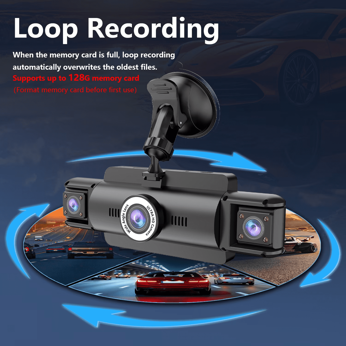 4 Channel Dash Cam,4K 360 Full View Front Rear Left Right Car Camera, 2.4GHz WiFi App, Night Vision, G-Sensor, Loop Recording, 64GB Card