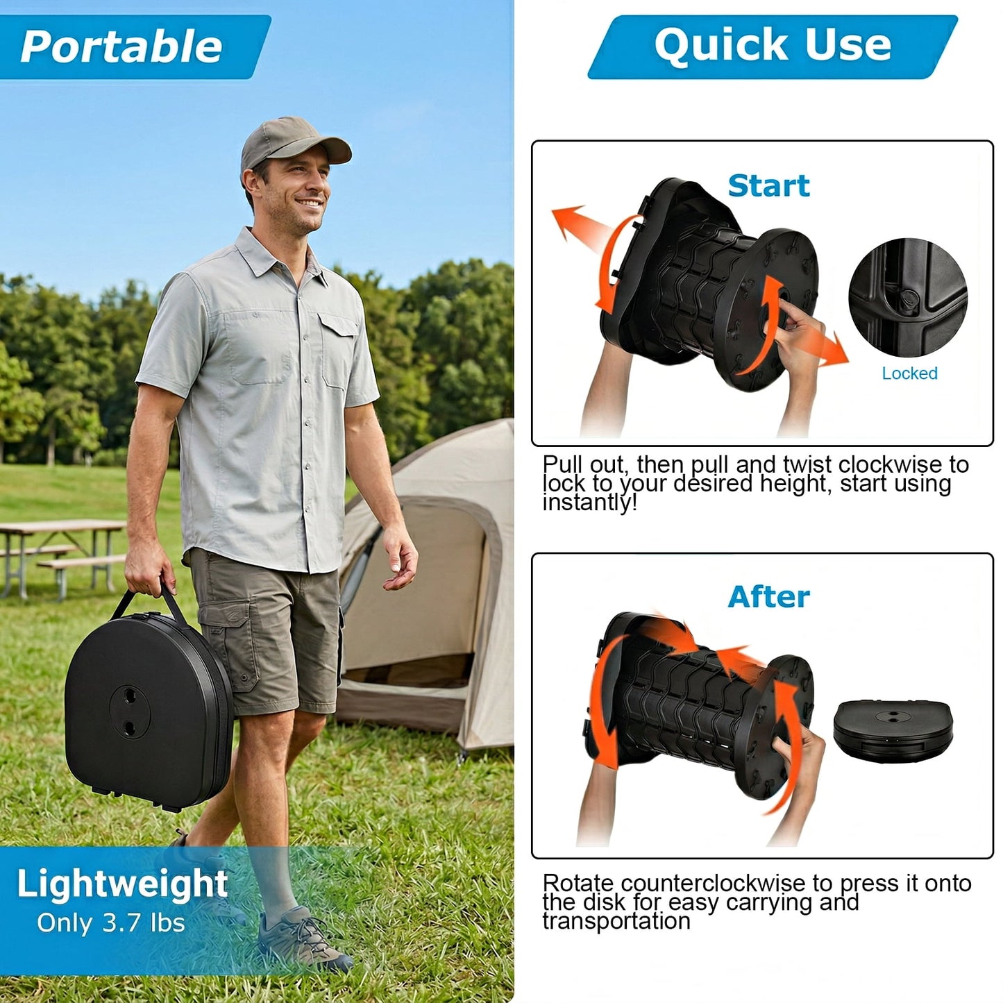 Merryhome Portable Toilet for Camping, 3-13.6 in Adjustable Folding Camping Toilet for Adults, Heavy Duty with Anti-Collapse Lock and Carry Bag for Travel, Hiking, Fishing and Car Use