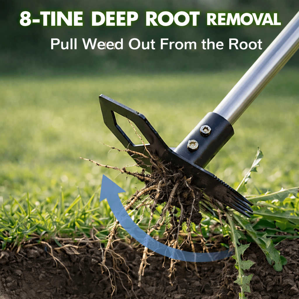 Merryhome 60 Inch Long Handle Stand Up Weed Puller Tool, 2-in-1 8-Tine Weed Rake & Hoe, Heavy Duty Stainless Steel Weeding Tool for Lawn Garden Yard – No Bending, No Kneeling
