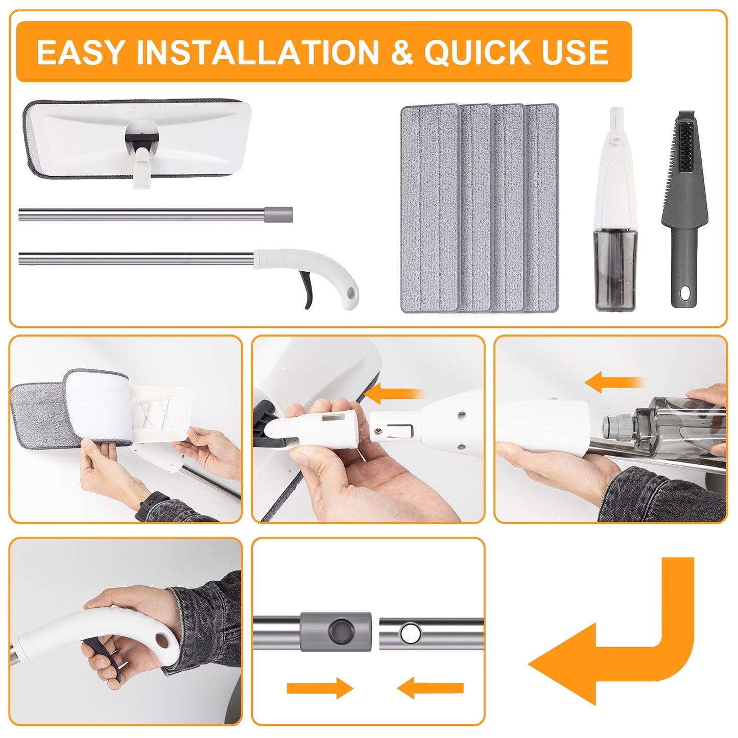 Spray Mop with 14 oz Refillable Bottle & 4 Washable Microfiber Pads – Lightweight Flat Floor Cleaner for Wood, Tile, Laminate (Gray, 1 Pack)