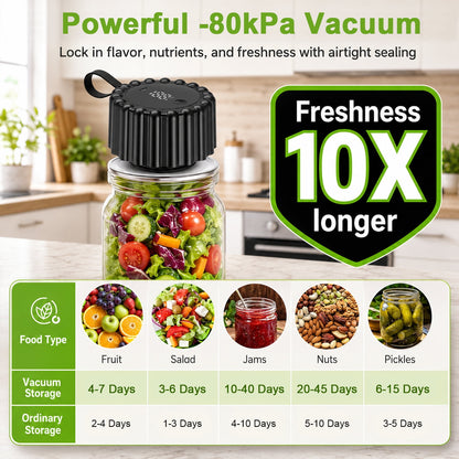 Electric Mason Jar Vacuum Sealer Kit, 1800mAh Rechargeable Mason Jar Sealer for Wide & Regular Mouth, 1-Button Food Saver Vacuum Sealer with 20 Lids & Bags