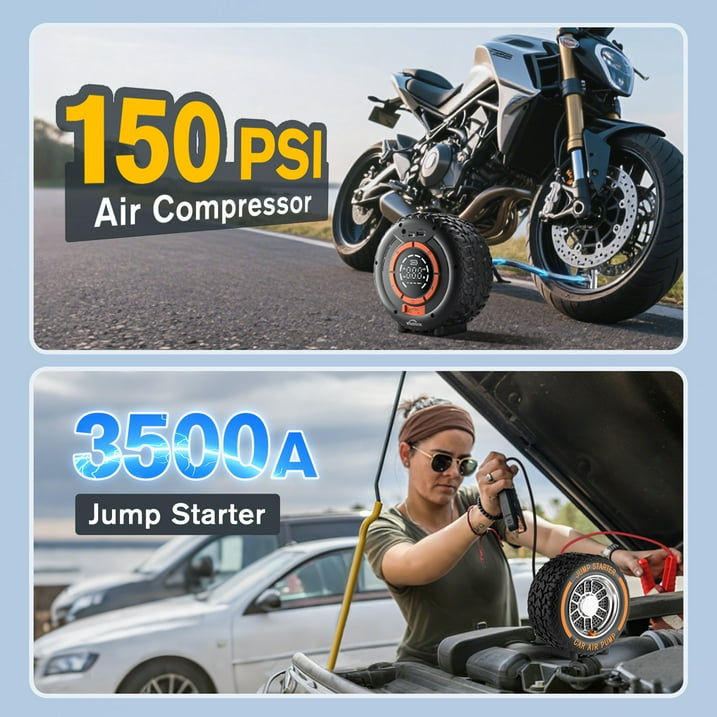 Car Jump Starter With Air Compressor Power Bank 3500A 150PSI Car Battery Jump Starter Digital Display Tire Inflator Portable Battery Jump Box