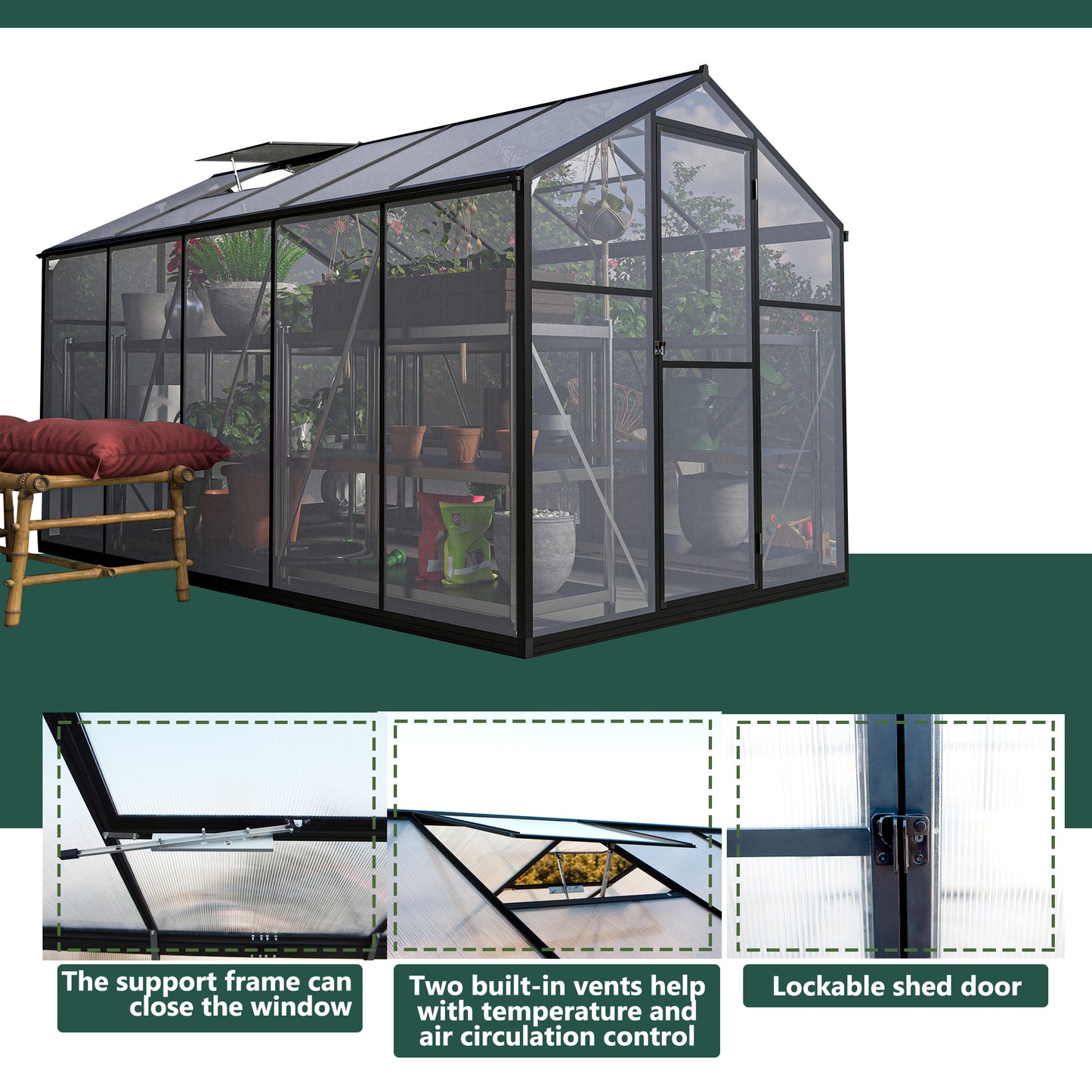 6'x10' Outdoor Greenhouse Walk in Polycarbonate Greenhouse Aluminum Plant Patio Grow House Garden Shed Kit with Lockable Hinged Door and 2 Adjustable Vent Window, Black