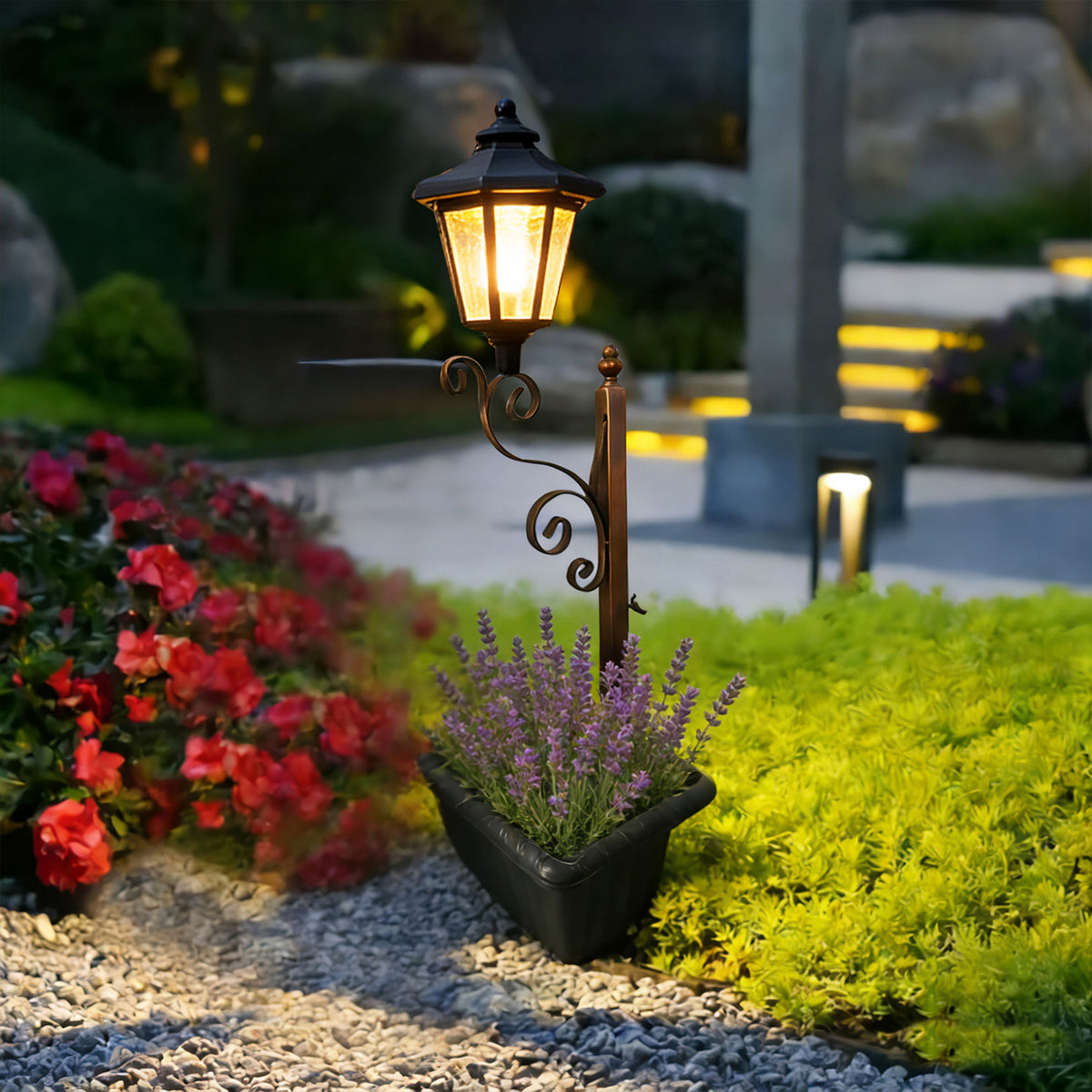 Merryhome 2Pack Solar Lamp Post with Planter,Solar Planter Lights with Ground Stake,IP44 Waterproof Warm White Light,Dusk-to-Dawn Lighting,Decorative Lamp for Lawn Patio Deck Front/Back Door
