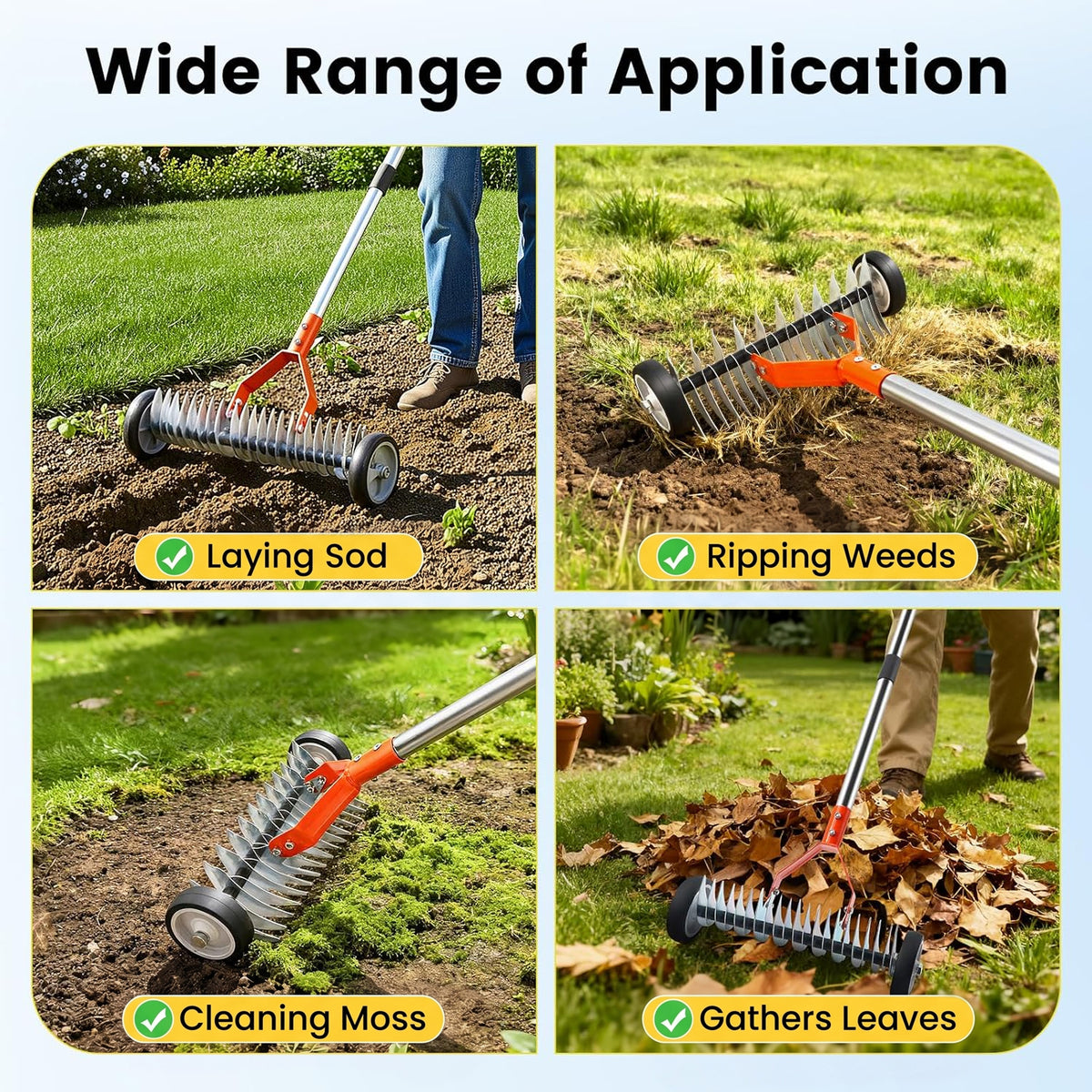 Merryhome Thatch Rake with Wheels,37-65.35'' Adjustable Dethatching Roller Rake,Adjustable 0-12° Angle Stainless Steel Blades Heavy Duty Dethatcher,21 Tines Garden Rake for Moss,Grass,Leaves,Debris(Orange)