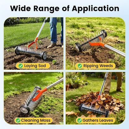 Merryhome Thatch Rake with Wheels,37-65.35'' Adjustable Dethatching Roller Rake,Adjustable 0-12° Angle Stainless Steel Blades Heavy Duty Dethatcher,21 Tines Garden Rake for Moss,Grass,Leaves,Debris(Orange)