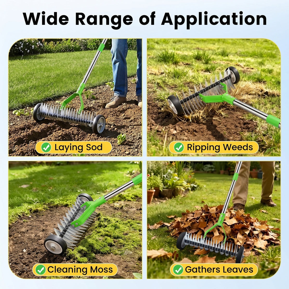 Merryhome Thatch Rake with Wheels,37-65.35'' Adjustable Dethatching Roller Rake,Adjustable 0-12° Angle Stainless Steel Blades Heavy Duty Dethatcher,21 Tines Garden Rake for Moss,Grass,Leaves,Debris(Green)