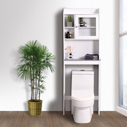 Over the toilet Storage Cabinet, Freestanding Space Saver Bathroom Storage Rack with Open Storage Cabinet and Glass Doors & Anti-Tip Device, White Finish