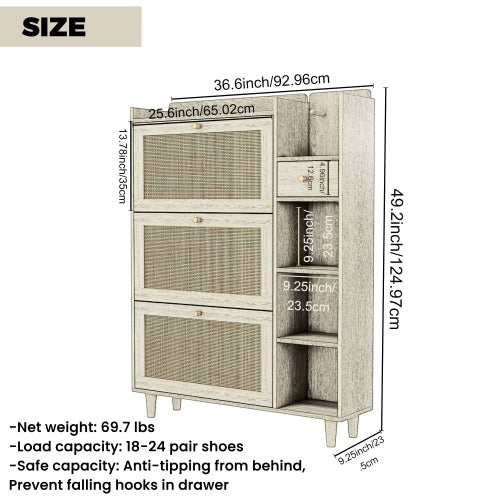 Natural Bohemia Style Shoe Cabinet, Shoe Rack Cabinet with 3 Rattan Flip Drawers,3 Square Shelves and 1 Storage Drawer, Shoe Organizer with Mulit Storage Space and Hooks for Hallway, Entryway