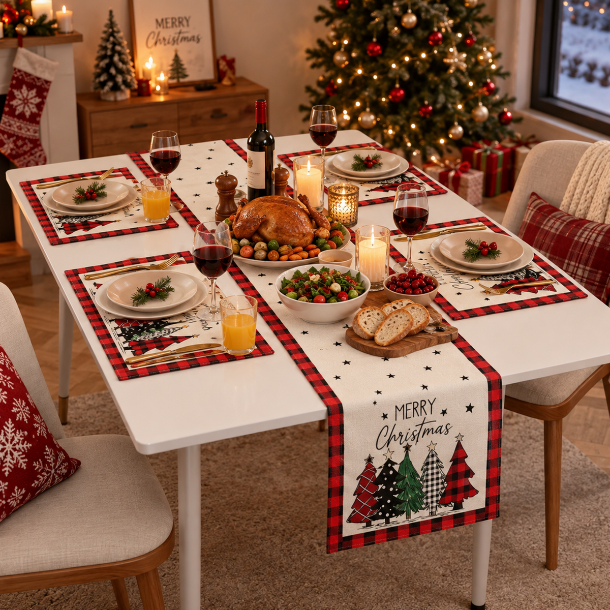 Christmas Placemat Set, 7 Pcs Christmas Table Decor, 6 Placemats with 1 Table Runner, Christmas Tree Pattern, Washable Xmas Kitchen Dining Table Decoration for Holiday Party
