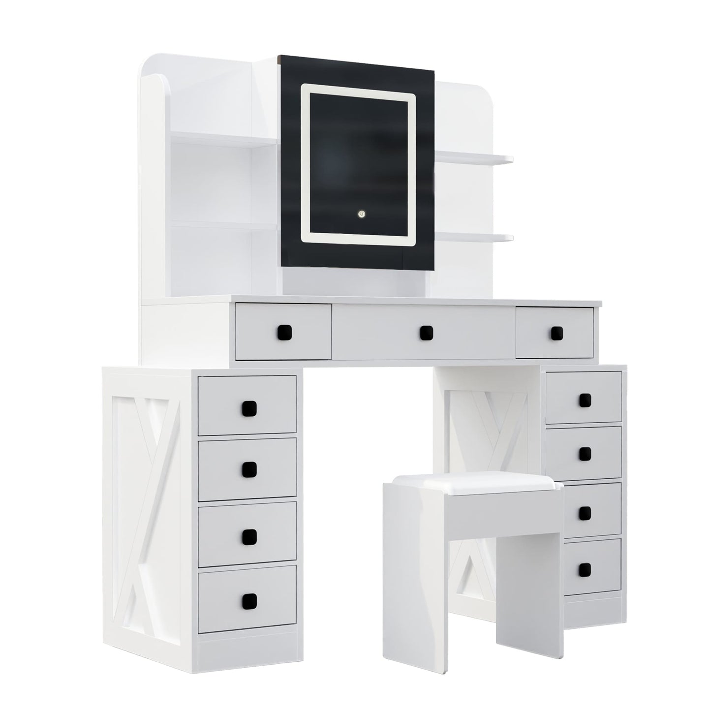 Farmhouse Vanity Desk With Sliding Mirror,Lights And Charging Station,Makeup Table Desk With Dimmable Led Light & Sponge Soft Stool, Makeup Vanity with 11 Drawers for Bedroom, White