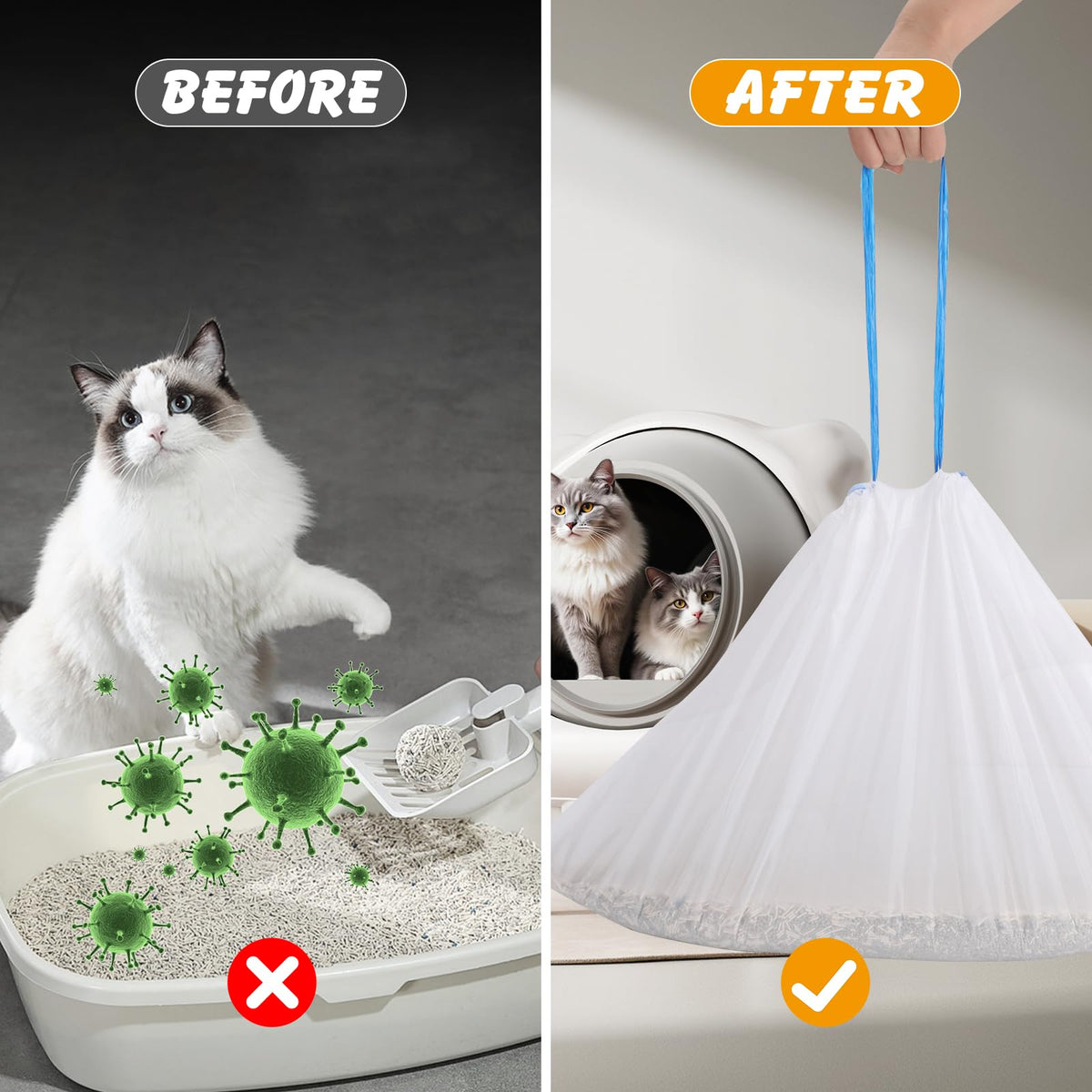 Merryhome Cat Litter Box Liners - 60 Count Jumbo Drawstring Cat Litter Bags, Extra Thick Litter Pan Liners Heavy Duty 33" x 17"