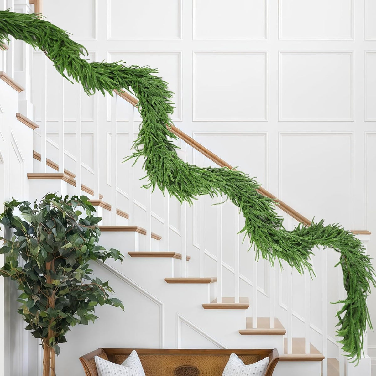PUCACHI 2 Pcs 6 Ft Christmas Garland,Artificial Norfolk Pine Garlands with 40 LED Lights,Artificial Greenery Garland for Table,Mantle,Window,Indoor,Outdoor Christmas Decorations（Green）