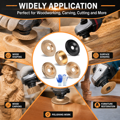 Angle Grinder Polishing Pad, 5PCS Wood Carving Disc Set with Gloves, Carbon Steel Grinding Shaping Wheel for 4-1/2 Inch Grinder, Stump Sanding Polishing Kit