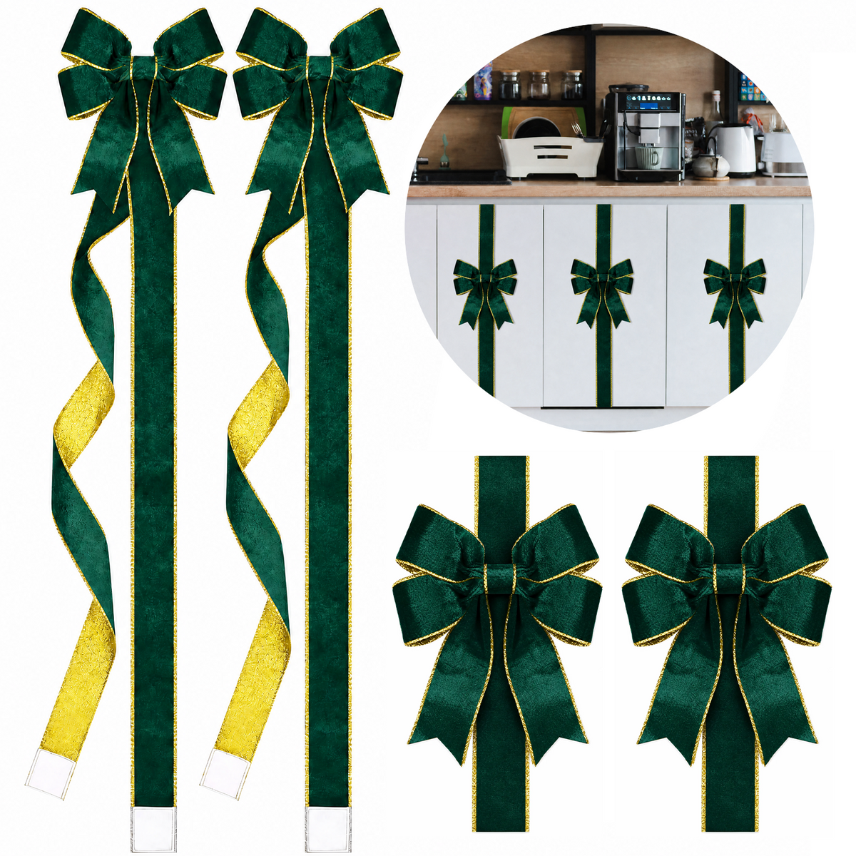 PUCACHI 6 Pcs Christmas Cabinet Door Bows,8x40 Inches Festive Ribbons Large Door Ribbon Party Decorations,for Cabinets Furniture and Kitchen Christmas Party Decorations（Green）