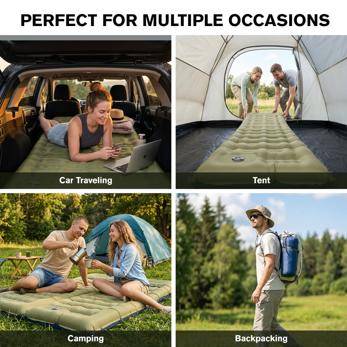Merryhome Sleeping Mat for Camping,6" Extra-Thick Reinforced Sleeping Pad with Pillows & Built-in Foot Pump,Ultralight Self Inflating Air Mattress Mat for Tent Hiking Essentials Gear（Single,Green）