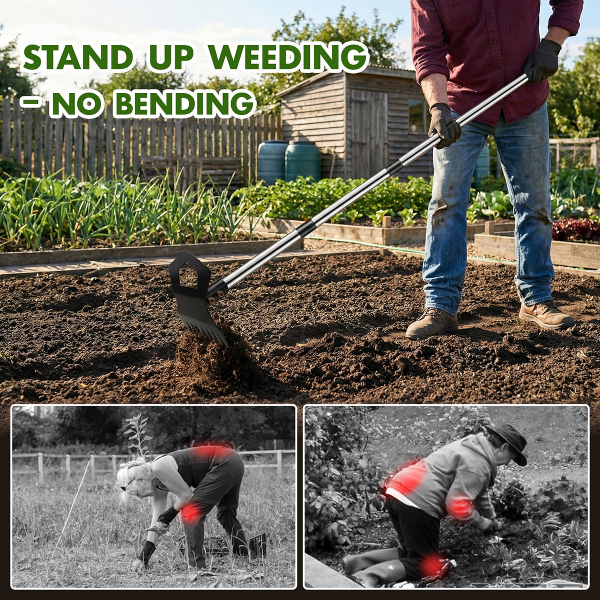 Merryhome 60 Inch Long Handle Stand Up Weed Puller Tool, 2-in-1 8-Tine Weed Rake & Hoe, Heavy Duty Stainless Steel Weeding Tool for Lawn Garden Yard – No Bending, No Kneeling