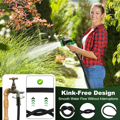 Garden Hose 25FT Non-Expandable Lightweight Water Hose with 10-Function Spray Nozzle, Kink-Free Leak-Proof Hose for Yard Lawn Garden Car Wash