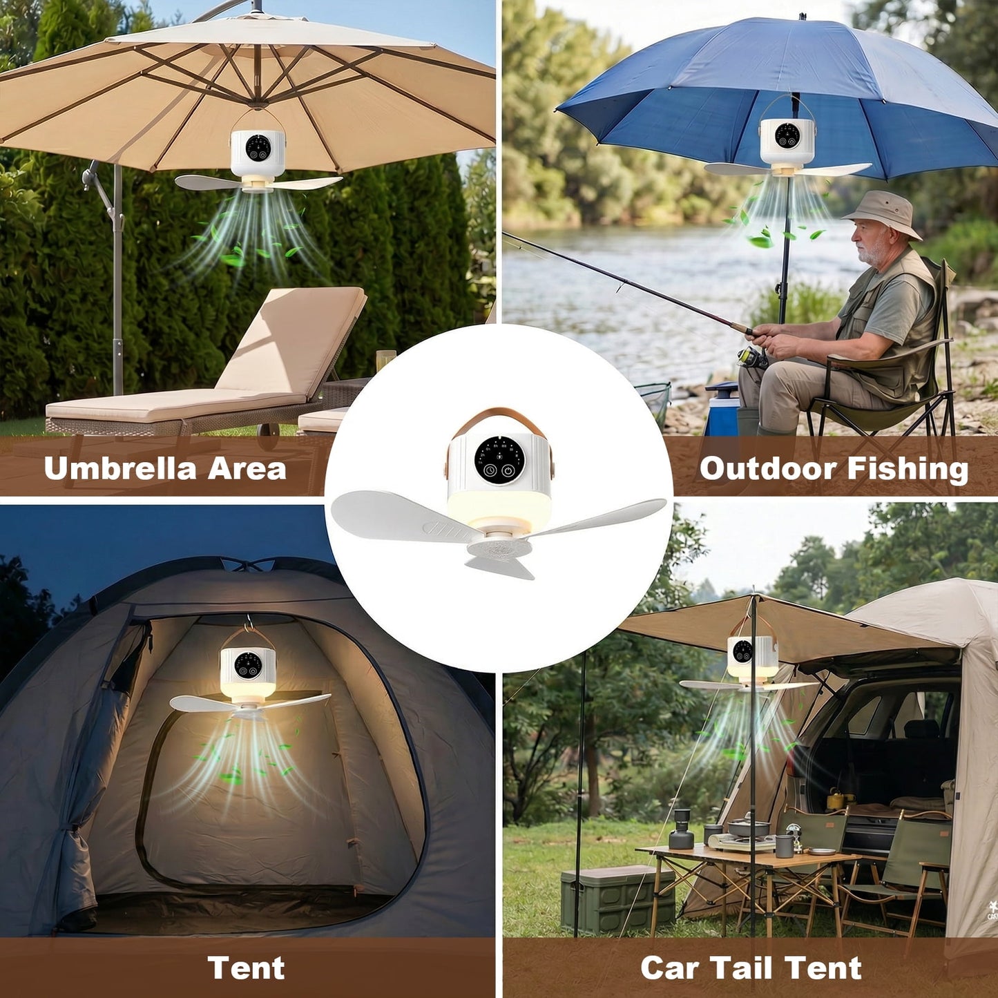 Merryhome Camping Fan with Light, 7200mAh Rechargeable Tent Fan with Remote, 4 Speeds, Timer and LED Lantern for Camping, Travel and Emergency, White