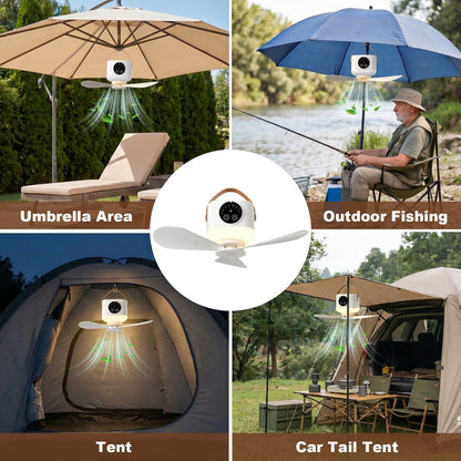 Merryhome Camping Fan with Light, 7200mAh Rechargeable Tent Fan with Remote, 4 Speeds, Timer and LED Lantern for Camping, Travel and Emergency, White