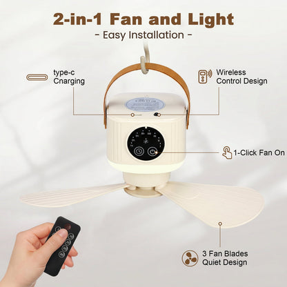 Camping Fan with Light, 7200mAh Rechargeable Fan with Remote, 4 Speed Timer LED Lantern for Camping Travel Emergency, Khaki