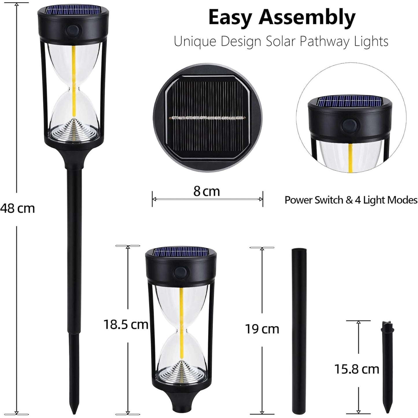 Kidsjoy 4 Pack Solar Pathway Lights Outdoor, Hourglass Design Solar Lights Waterproof, Auto On/Off Warm LED Garden Lights for Walkway, Yard, Patio, Lawn Decor
