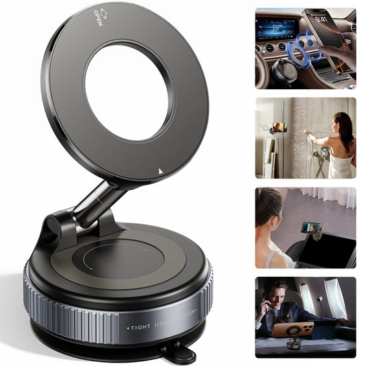 PUCACHI Vacuum Magnetic Phone Holder, Foldable Retractable Hands-Free Phone Holder for Car/Gym/Mirror/Smooth Surface, Compatible with iPhone Android and All Smartphones（Black）