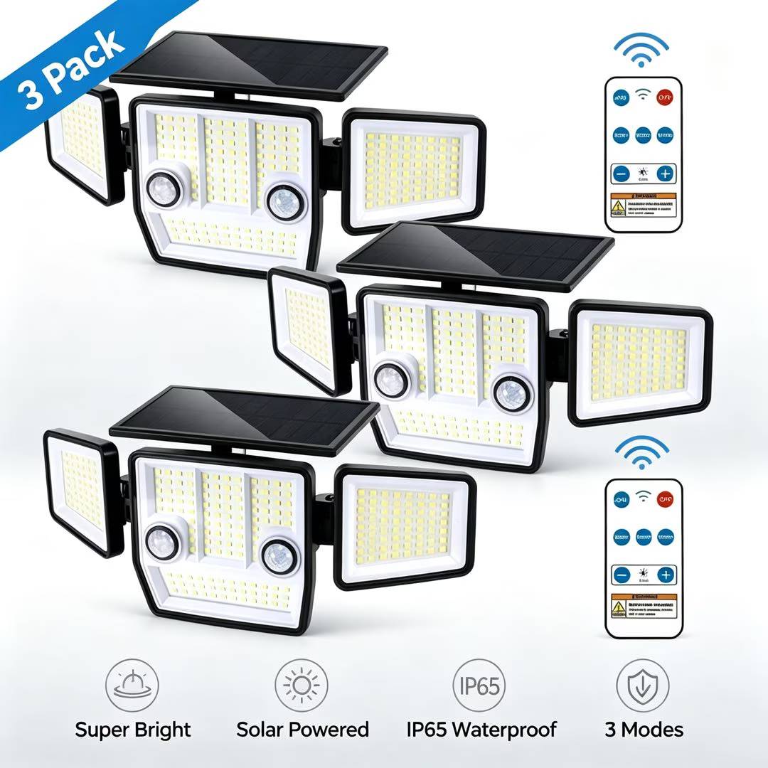 PUCACHI Solar Outdoor Light,3000 LM Waterproof LED Motion Sensor Light with Remote 248 LEDs 270° Wide Angle 3 Modes for Porch Garage Yard, 3 Pack