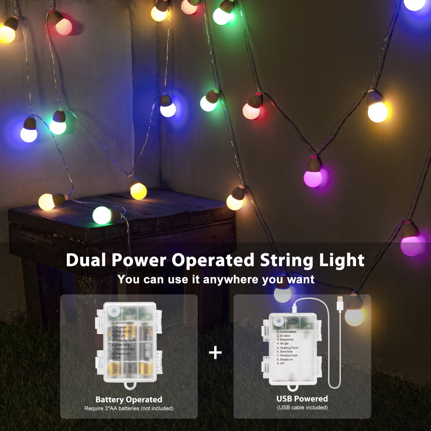 WHATOOK Wooden Globe String Lights, Battery Operated Fairy Lights, 21ft 30 LEDs 8 Modes Waterproof Christmas Decoration for Outdoor/Indoor Home Party Patio Garden Wedding(Multicolor)