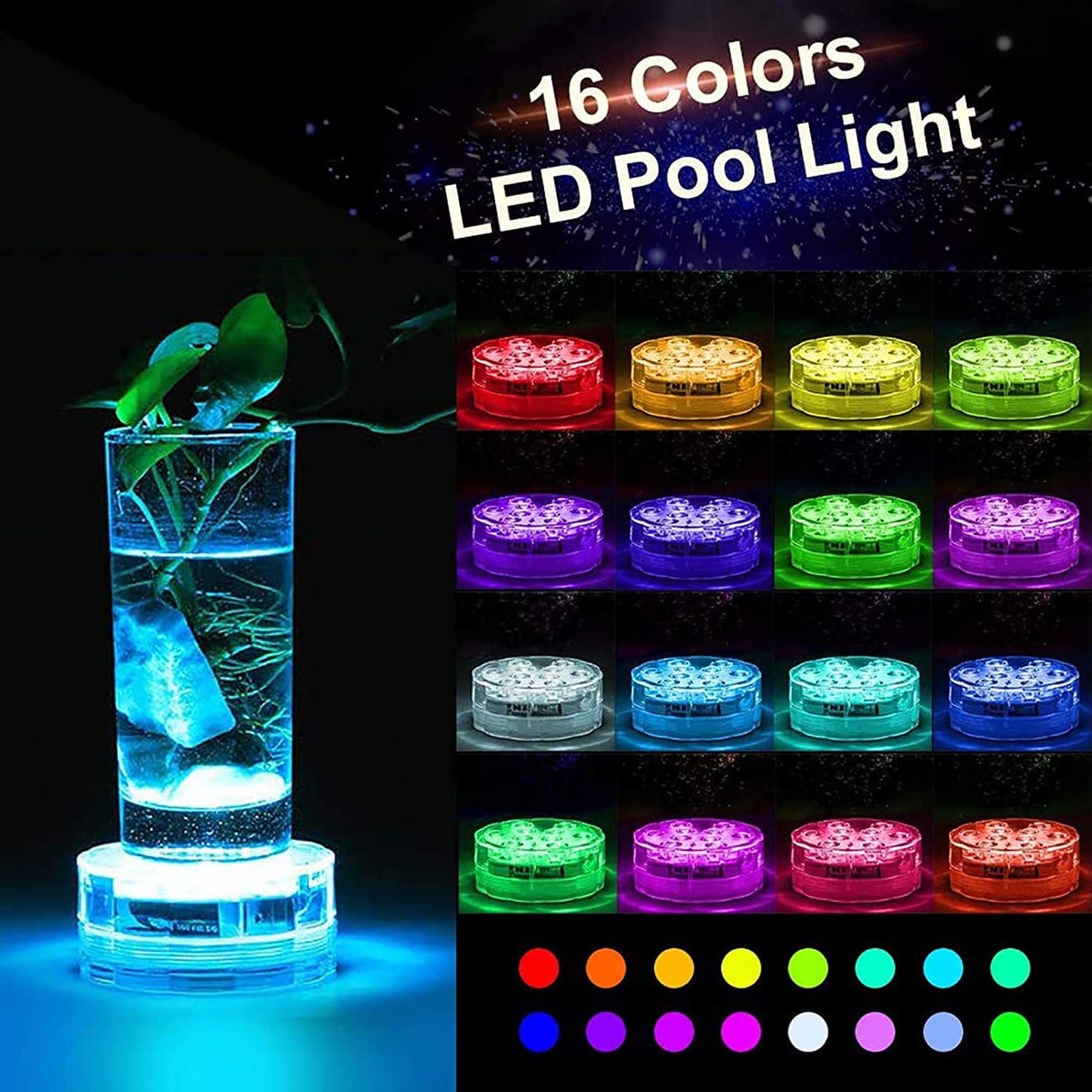 WHATOOK 2 Pack Pool Lights, LED Underwater Waterproof Pond Lights with Remote RF, Suction Cups and Magnets, 13 LED Colors Changing Christmas Submersible Pond Lights