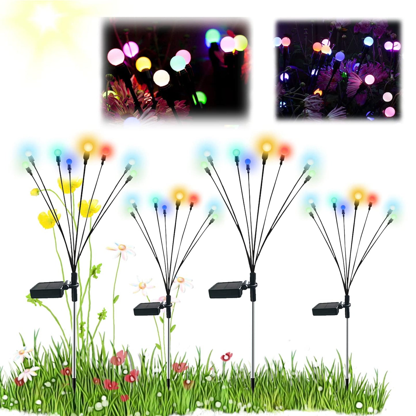 WHATOOK 4pcs Solar Powered Firefly Lights, Starburst Swaying Solar Garden Lights, Outdoor Waterproof Flickering Fireflies String Lights for Garden Patio Lawn Path Decoration, Colored(8 LED)