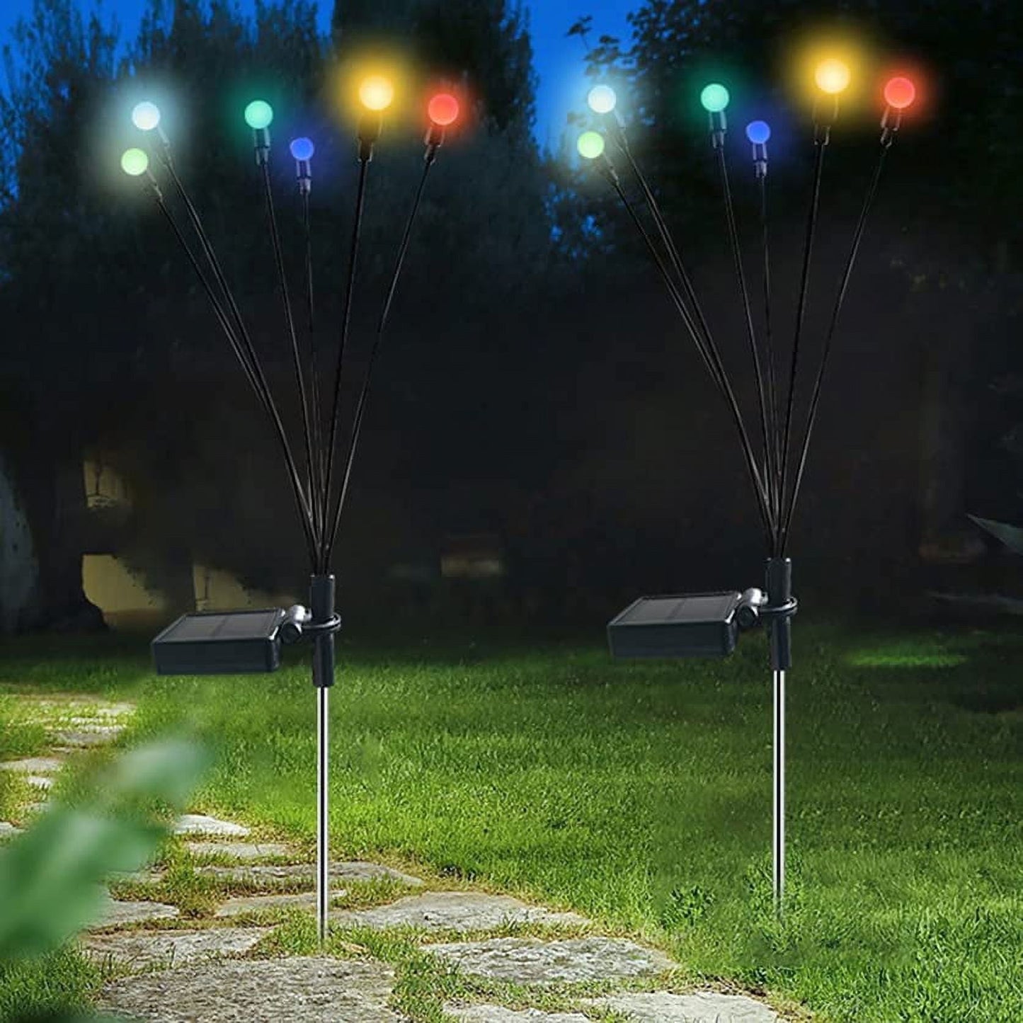 WHATOOK 4pcs Solar Powered Firefly Lights, Starburst Swaying Solar Garden Lights, Outdoor Waterproof Flickering Fireflies String Lights for Garden Patio Lawn Path Decoration, Colored(8 LED)