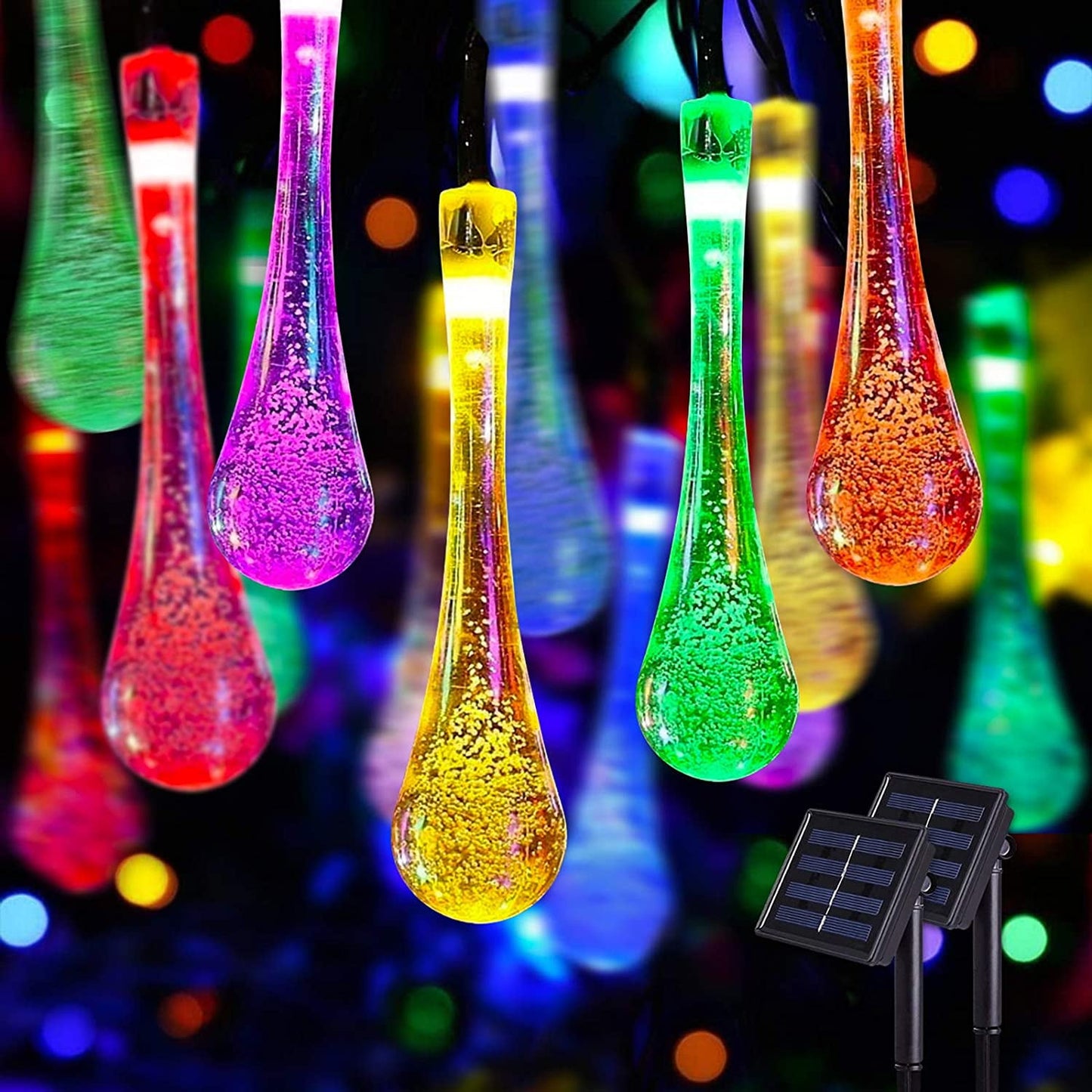 WHATOOK Solar Outdoor String Lights, 39.4FT 100 LED Teardrop Lights Outdoor Waterproof, 8 Modes Multicolor Water Drop String Light