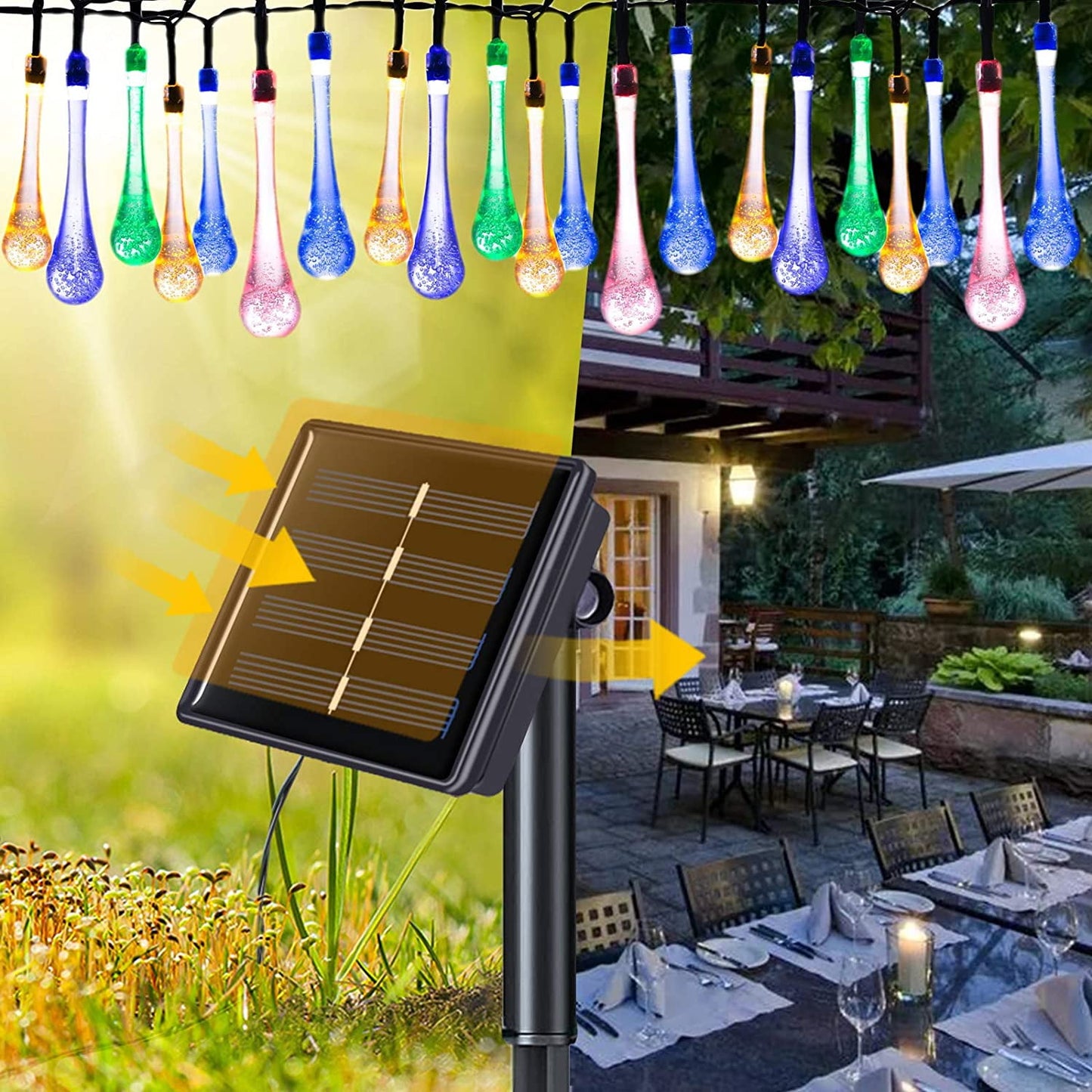 WHATOOK Solar Outdoor String Lights, 39.4FT 100 LED Teardrop Lights Outdoor Waterproof, 8 Modes Multicolor Water Drop String Light