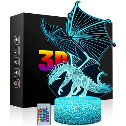 Christmas Dinosaur Night Lighting Lamp for Boys 3D Illusion 16 Colors Change with Remote & Touch Control Kids Birthday Gift Children Bedroom Decor