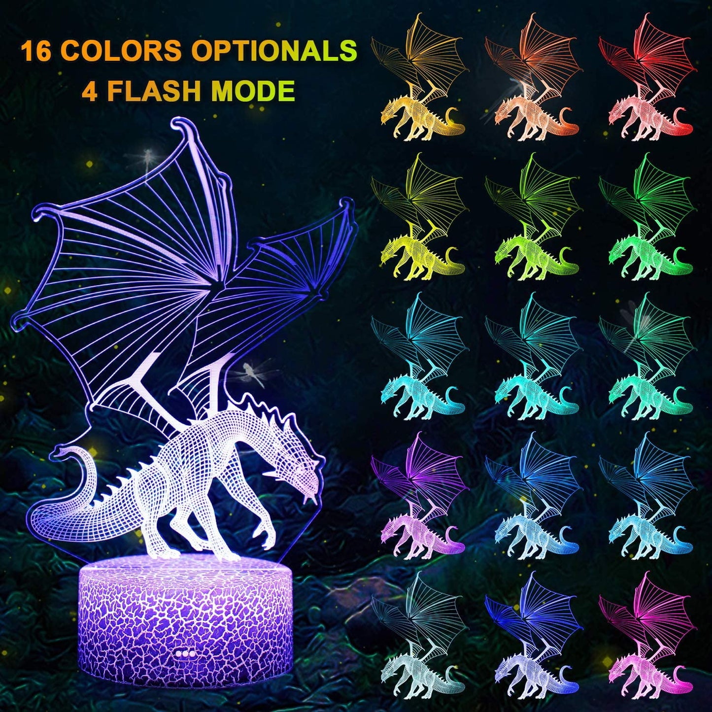 Christmas Dinosaur Night Lighting Lamp for Boys 3D Illusion 16 Colors Change with Remote & Touch Control Kids Birthday Gift Children Bedroom Decor