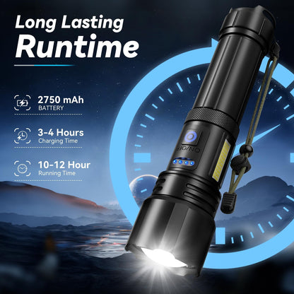 Pucachi 15000 Lumen Powerful Rechargeable Flashlight,, USB Rechargeable IPX6 Waterproof Searchlight, 7 Modes LED Flashlight for Hiking, Camping, Outdoor Sports