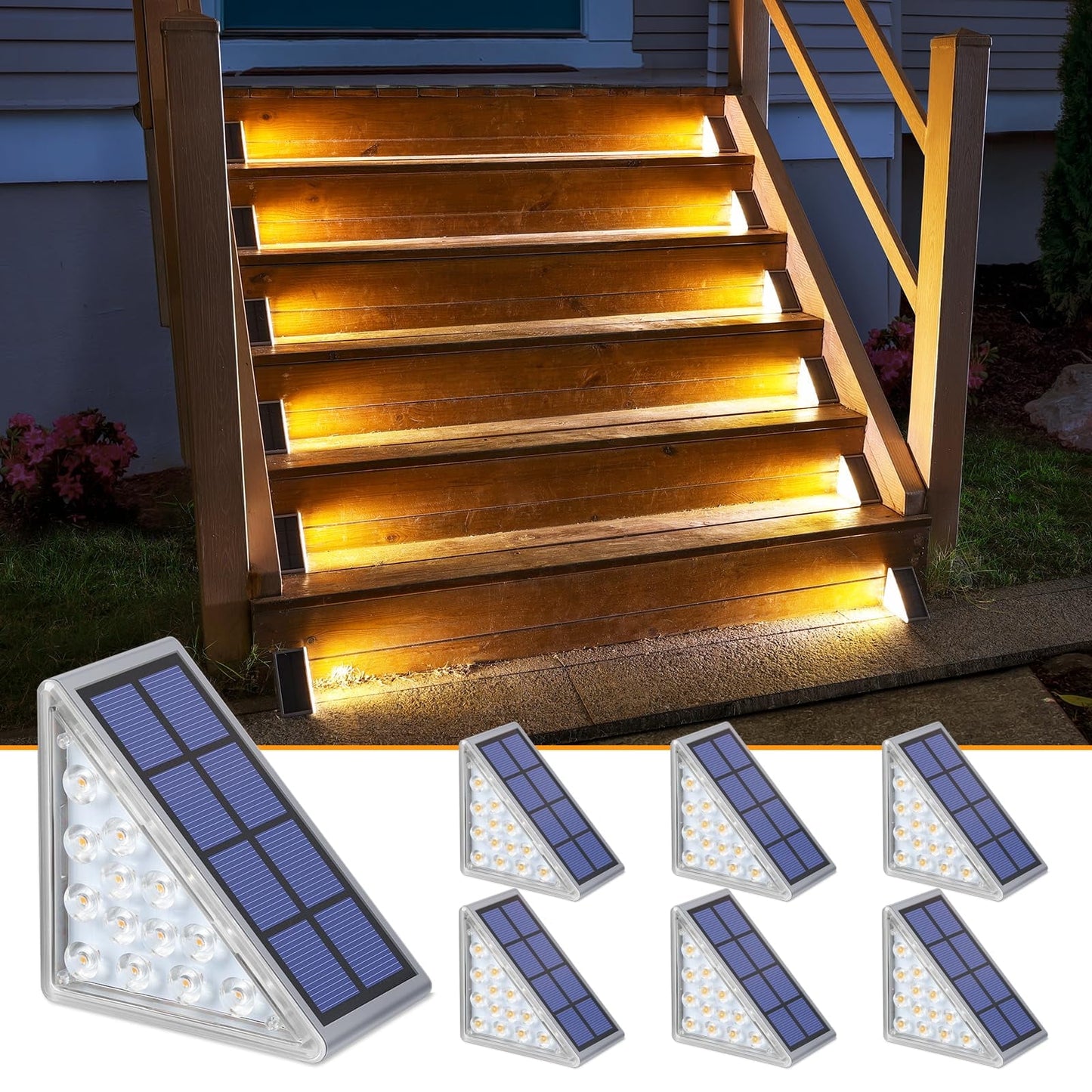 WHATOOK 6pcs Warm White Solar Step Lights, Outdoor Waterproof IP67, Auto on/off, Lights for Steps, Stairs, Patio, Porch, Front Door, Sidewalk, Deck Decoration