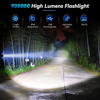 Pucachi 15000 Lumen Powerful Rechargeable Flashlight,, USB Rechargeable IPX6 Waterproof Searchlight, 7 Modes LED Flashlight for Hiking, Camping, Outdoor Sports