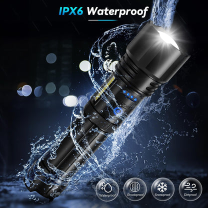 Pucachi 15000 Lumen Powerful Rechargeable Flashlight,, USB Rechargeable IPX6 Waterproof Searchlight, 7 Modes LED Flashlight for Hiking, Camping, Outdoor Sports