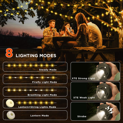 2 In 1 Outdoor Camping Light String With 8 Lighting Modes (32.8ft), 30 Seconds Fast Recovery, Durable Waterproof, usb Rechargeable for Camping and Hiking