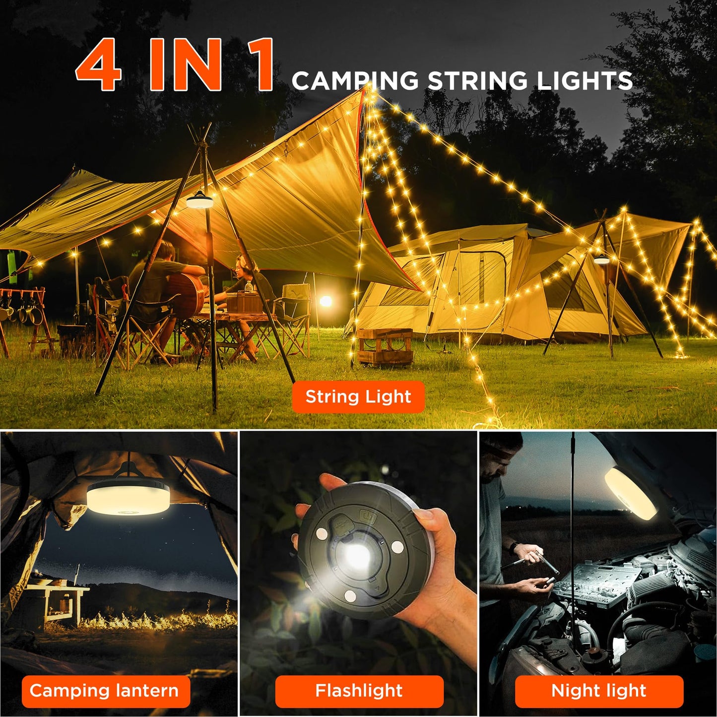 2 In 1 Outdoor Camping Light String With 8 Lighting Modes (32.8ft), 30 Seconds Fast Recovery, Durable Waterproof, usb Rechargeable for Camping and Hiking