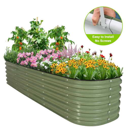 HOOFUN 8ft X 2ft Raised Garden Bed, 17" Tall 9 in 1 Metal Garden Raised Kits, Oval Planter Box Outdoor for Vegetables Flowers- Olive Green