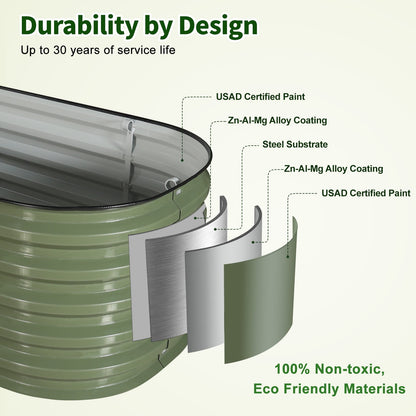HOOFUN 8ft X 2ft Raised Garden Bed, 17" Tall 9 in 1 Metal Garden Raised Kits, Oval Planter Box Outdoor for Vegetables Flowers- Olive Green