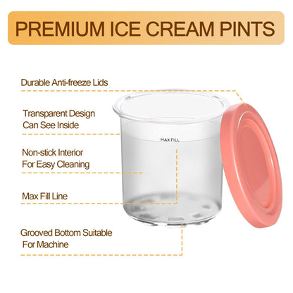 4-Pack Ice Cream Pint Container, Replaces Ninja Creami Pints and Lids, Compatible with NC301 NC300 Series Ice Cream Makers, Dishwasher Safe, with 4 Ice Cream Scoops