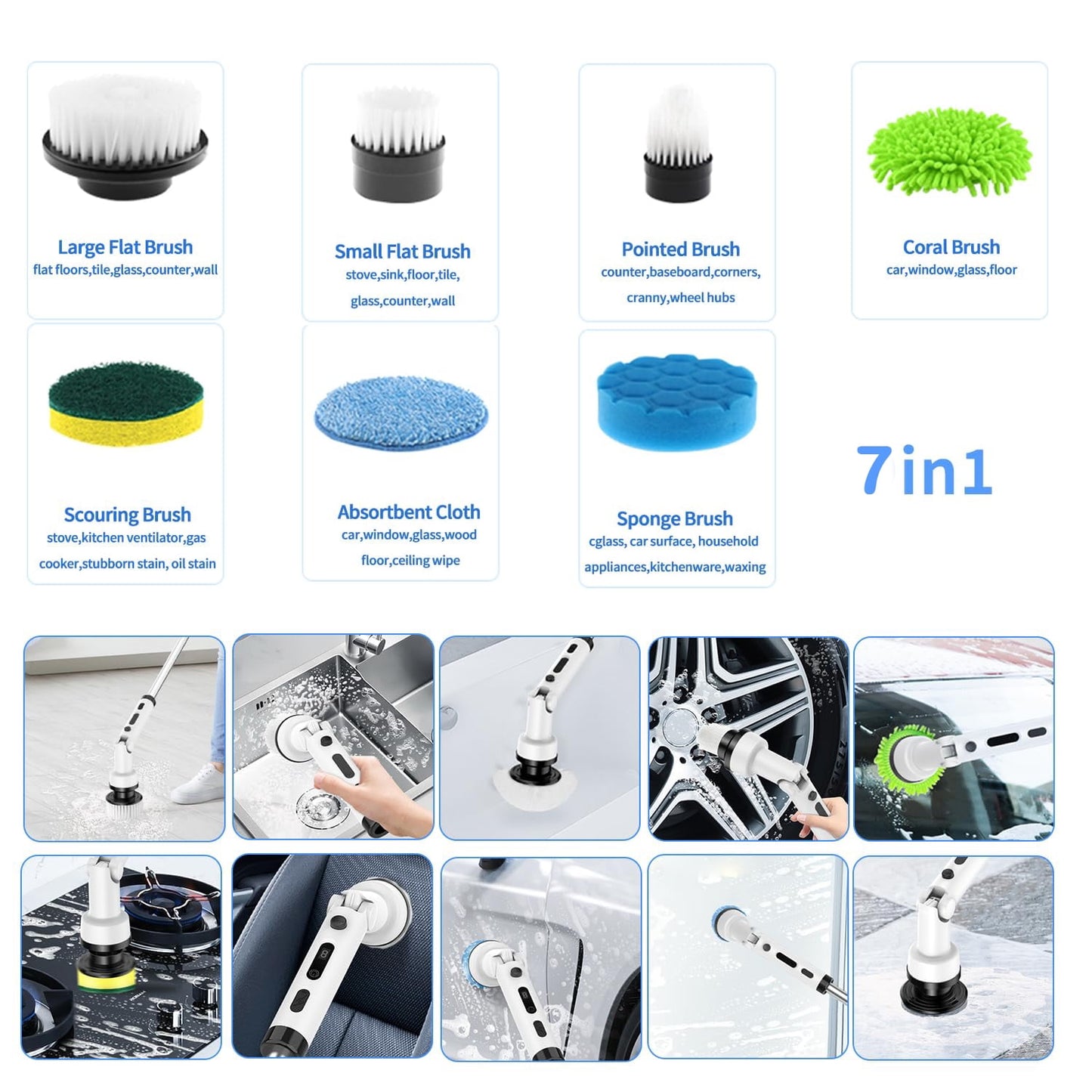 Hoofun Electric Spin Scrubber, Cordless Cleaning Brush with 7 Replaceable Brush Heads, 1.5H Power Dual Speed, Shower Scrubber with Extension Handle for Bathroom Tub Tile Floor Car