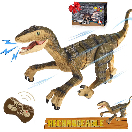 Remote Control Dinosaur Toys for Boys Kids Girls 3-8 Years Old Electronic RC Robot Toy LED Lightup Walking Roaring Velociraptor Birthday Gifts Brown