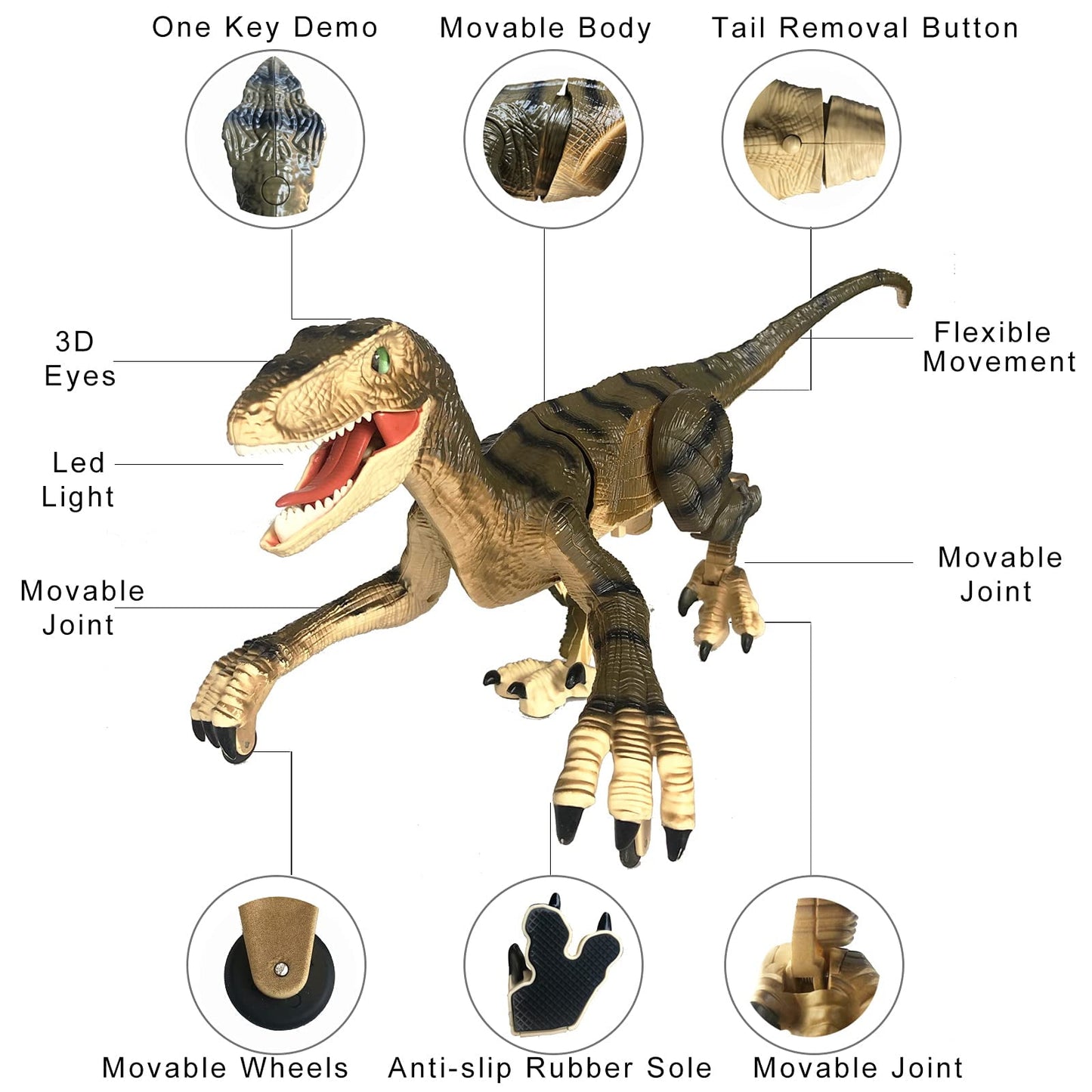 Remote Control Dinosaur Toys for Boys Kids Girls 3-8 Years Old Electronic RC Robot Toy LED Lightup Walking Roaring Velociraptor Birthday Gifts Brown