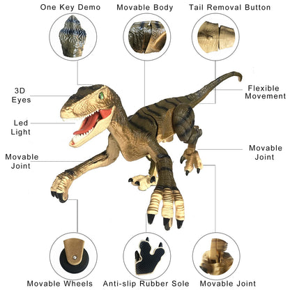 Remote Control Dinosaur Toys for Boys Kids Girls 3-8 Years Old Electronic RC Robot Toy LED Lightup Walking Roaring Velociraptor Birthday Gifts Brown